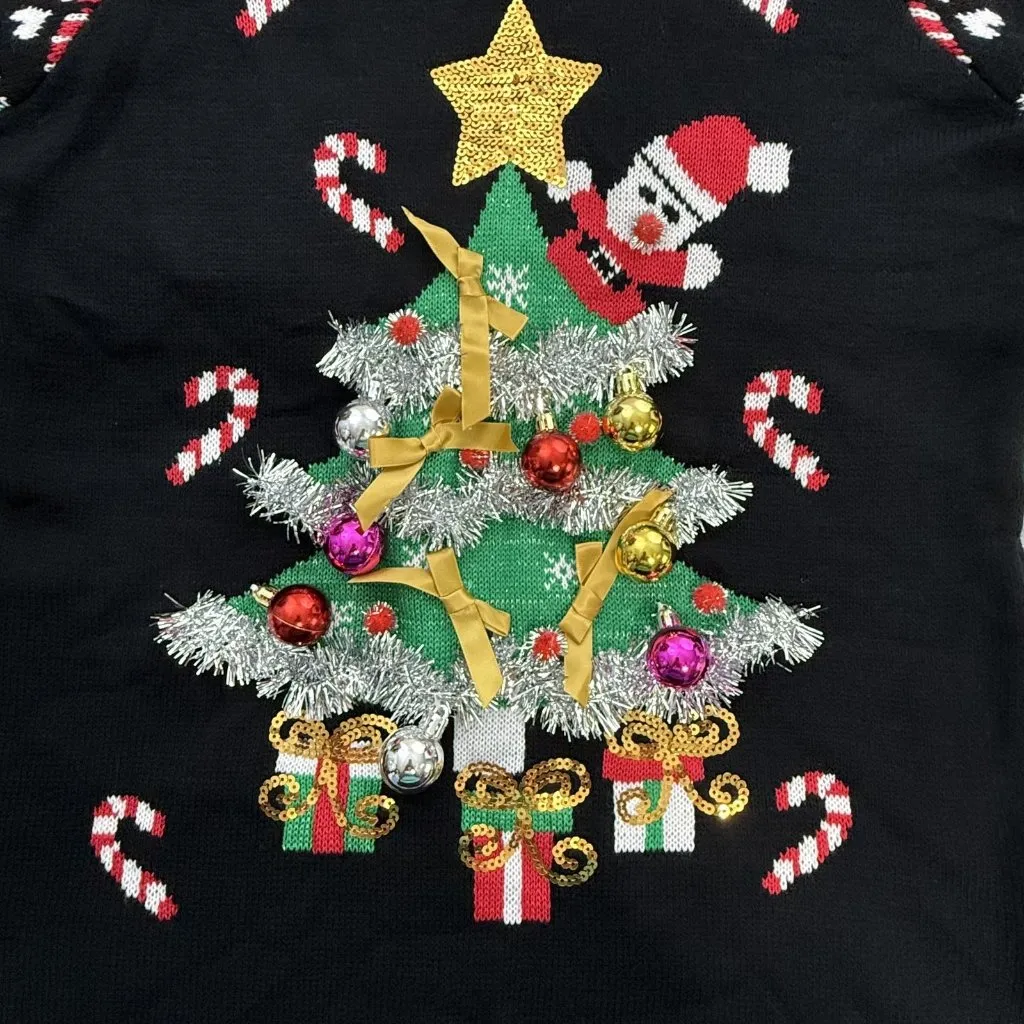 Joyland Christmas Sweater Womens XL 3D Ornaments Santa Tinsel Sequins Tree Bows Black - Image 2