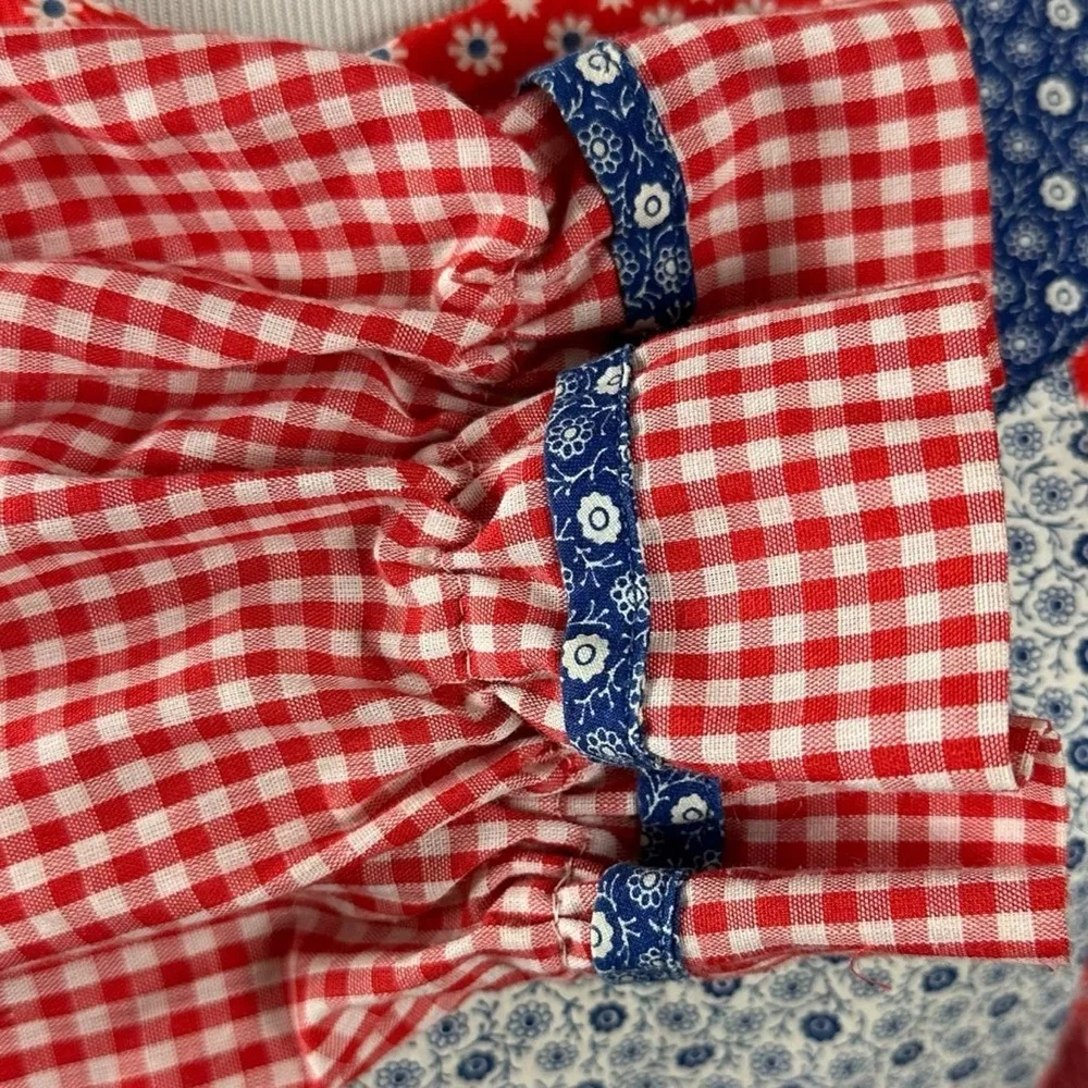 Vintage 70s Handmade Patchwork Picnic Prairie Dress Red Blue Gingham Medium - Image 6