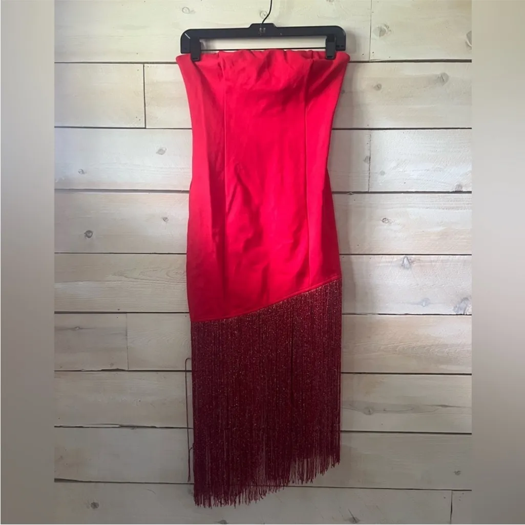 Superdown Red Strapless Fringe Sheath Dress - Image 2