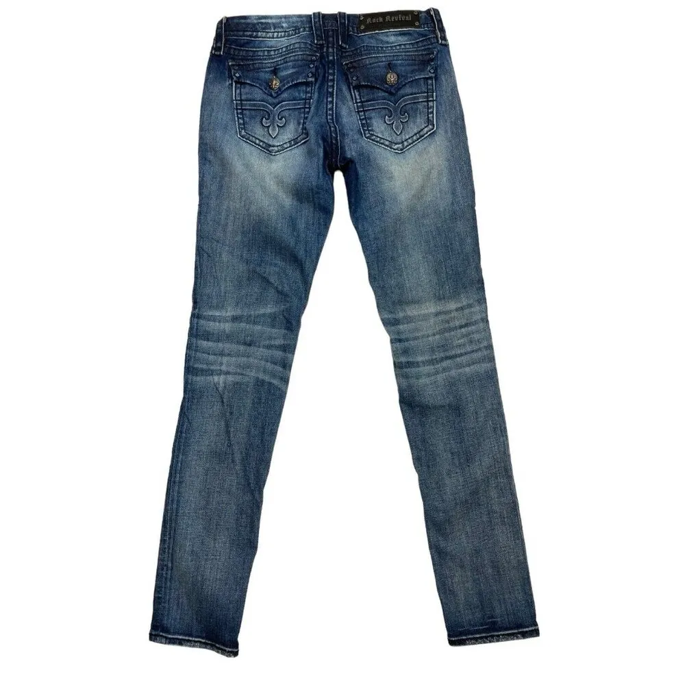 *Rock Revival Alexis Skinny Denim Jeans Womens Size 29 Fleur de Lis Flap Pockets - Image 3