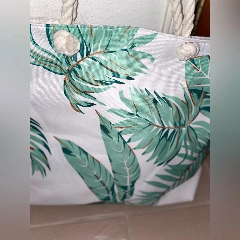 DONDON LARGE CANVAS PALM PRINT ZIP BEACH BACH TOTE WITH ROPE HANDLES WHITE MULTI - Image 4