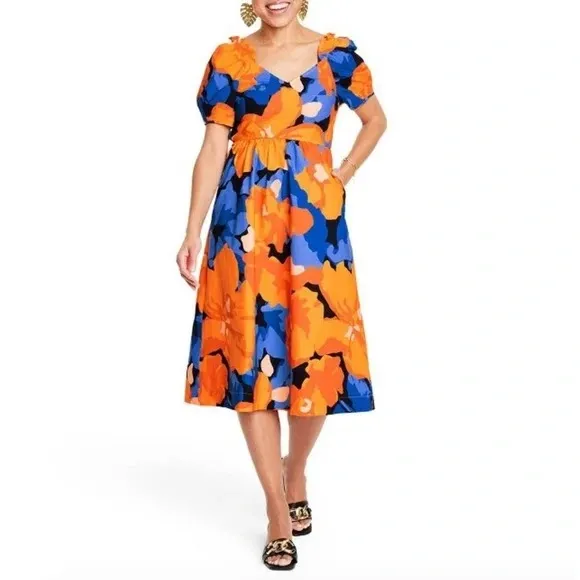 Tabitha Brown Target Vibrant Orange & Blue Floral Dress Puff Sleeve Dress Size 4 - Image 13