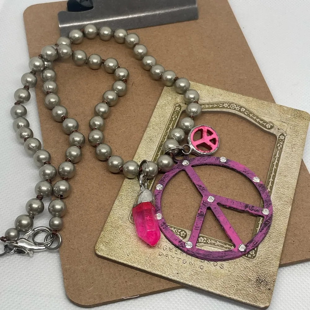 Pink Metal Peace Sign Necklace with charms on a 20” silver chain - Image 10
