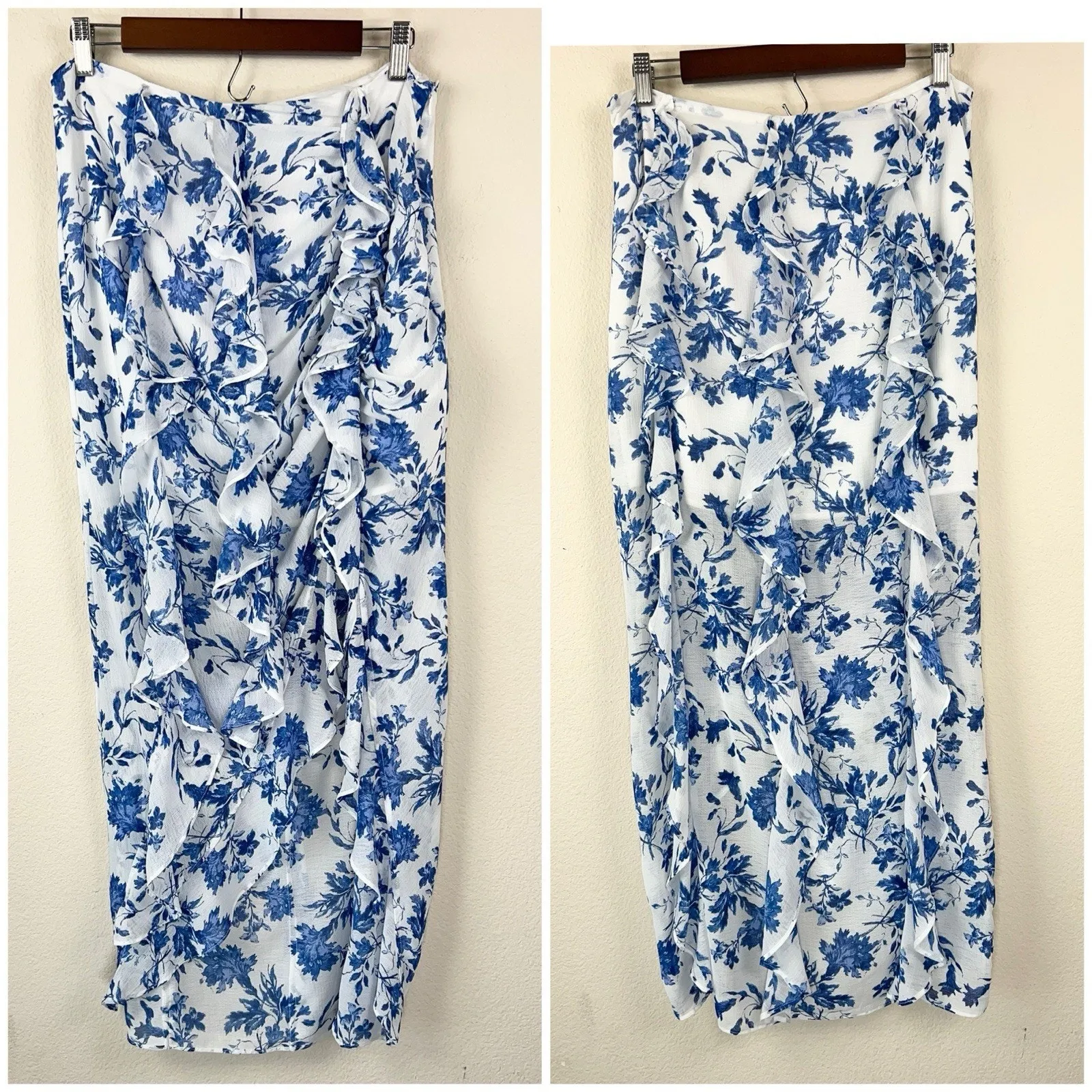 Free People Flounce Around Maxi Skirt Blue White Floral Ruffle Slit Sz 8 - Image 3