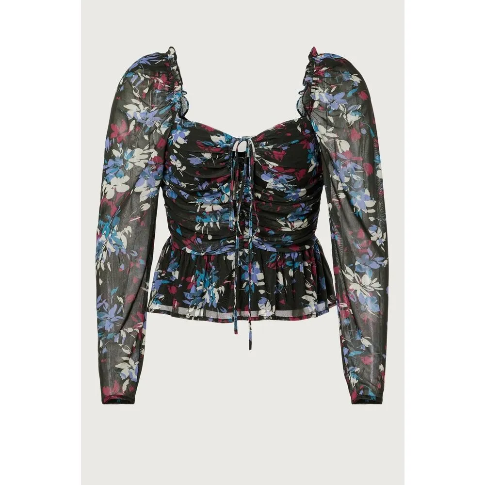 Peter Som Ruched Smocked Tie Sweetheart Long Sleeve Black Floral Peplum Top Sz 2 - Image 5