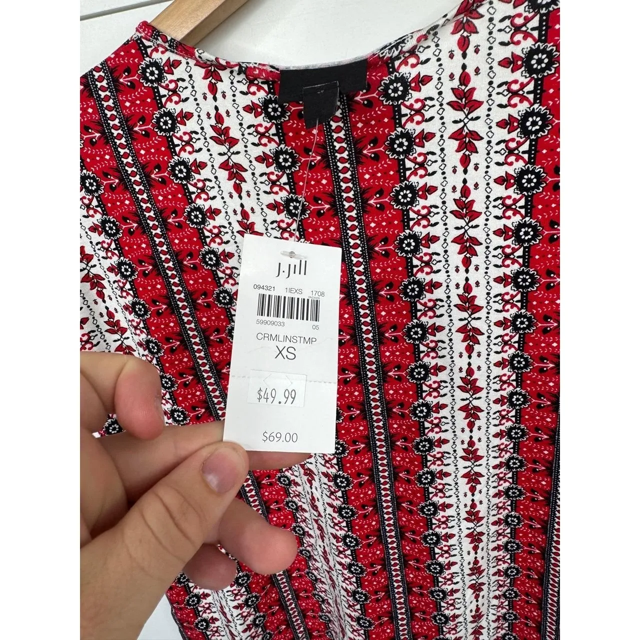 J. Jill Wearever Short Sleeve Top Red White Black Geometric Striped Size XS - Image 6