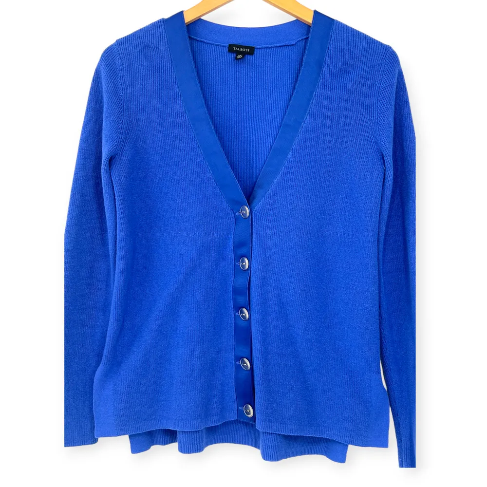 Talbots | XS | V-Neck Ribbon Trimmed Ribbed Knit Easy Chic Cardigan Sweater - Image 3