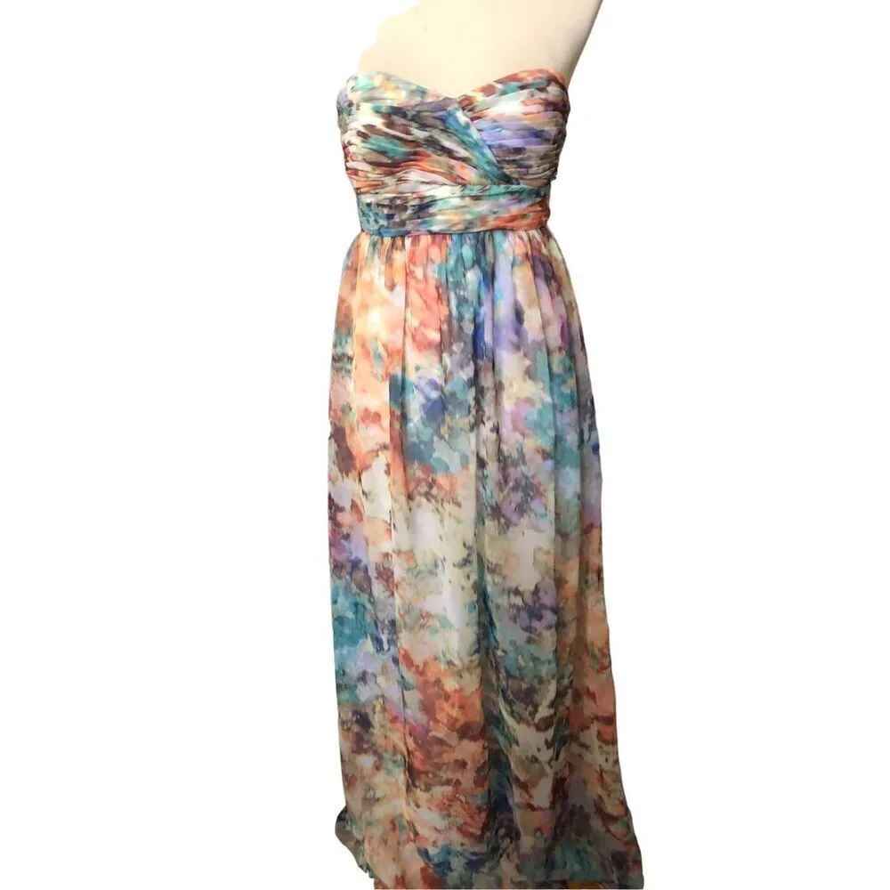 Aidan Mattox watercolor semi formal strapless chiffon full length dress size 2 - Image 2