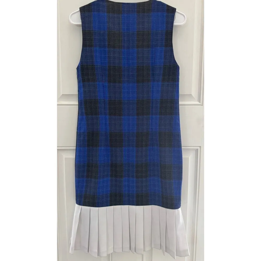 Vintage OOAK plaid double breasted pleated blue white dress small - Image 12