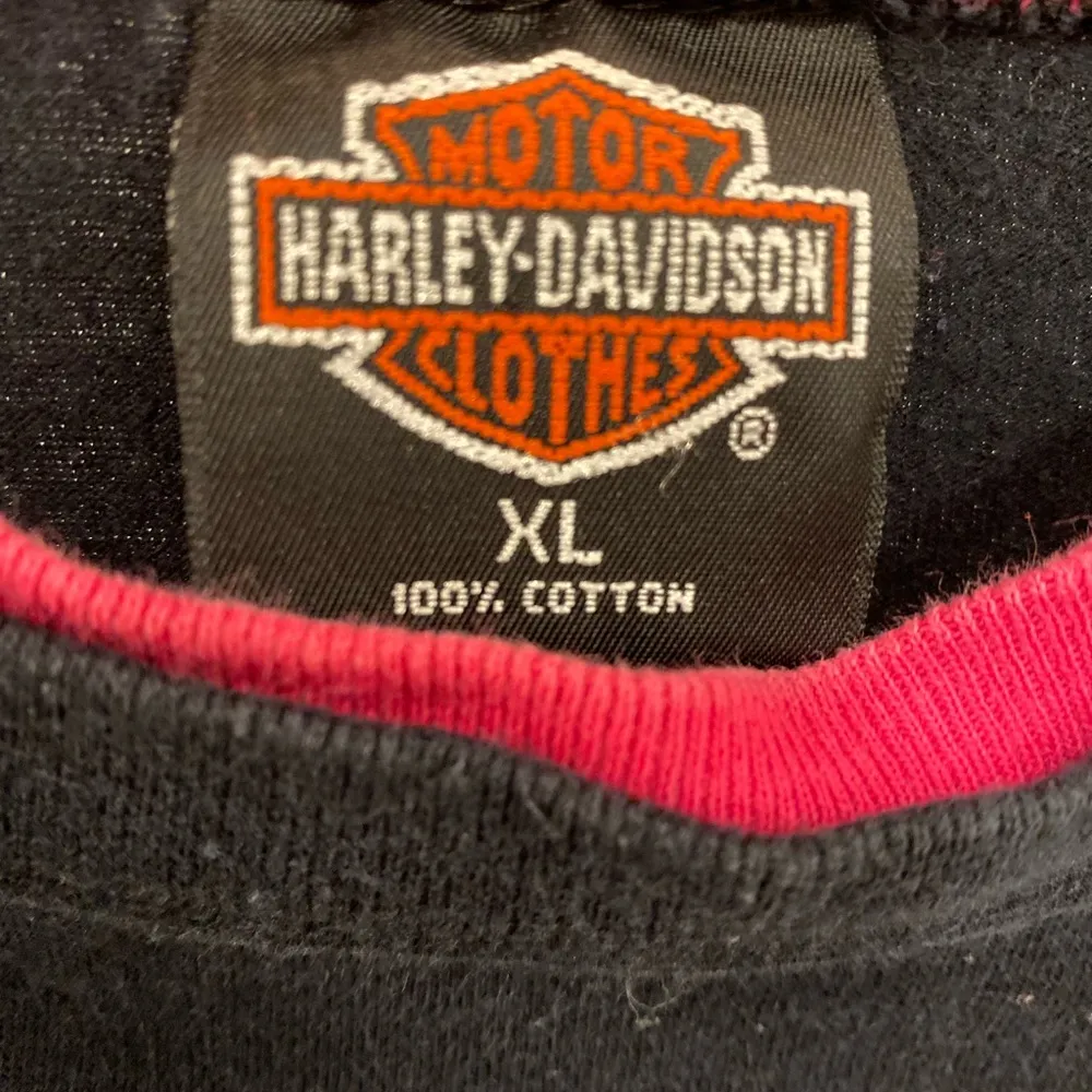 Harley Davidson Motorcycles Vintage Fresno Hot Pink and Black Womens Ringer tee - Image 2
