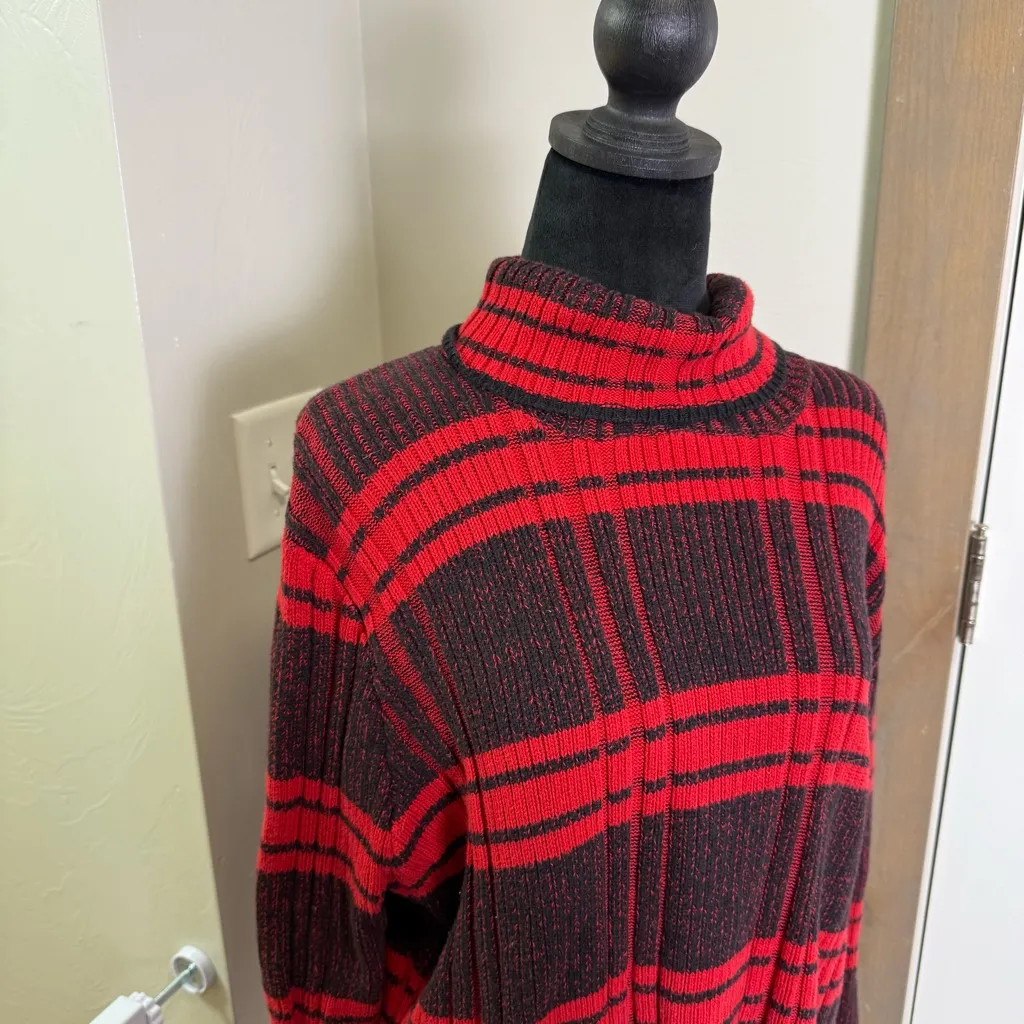 Woolrich 100% Cotton Black Red Buffalo Plaid Cowl Turtleneck Sweater Tunic Knit - Image 3