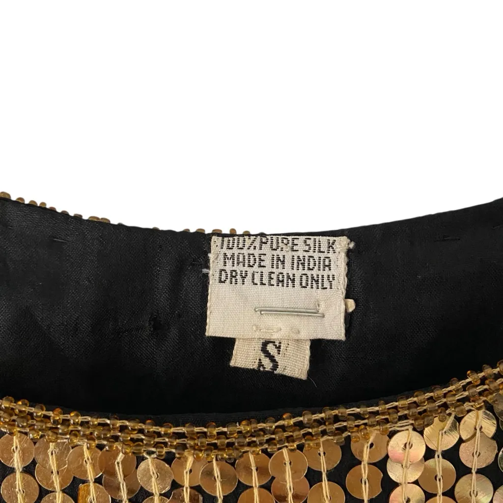 Vintage Gold Sequin Floral Leaf Top Beaded Pearl Disco Blouse size small - Image 3