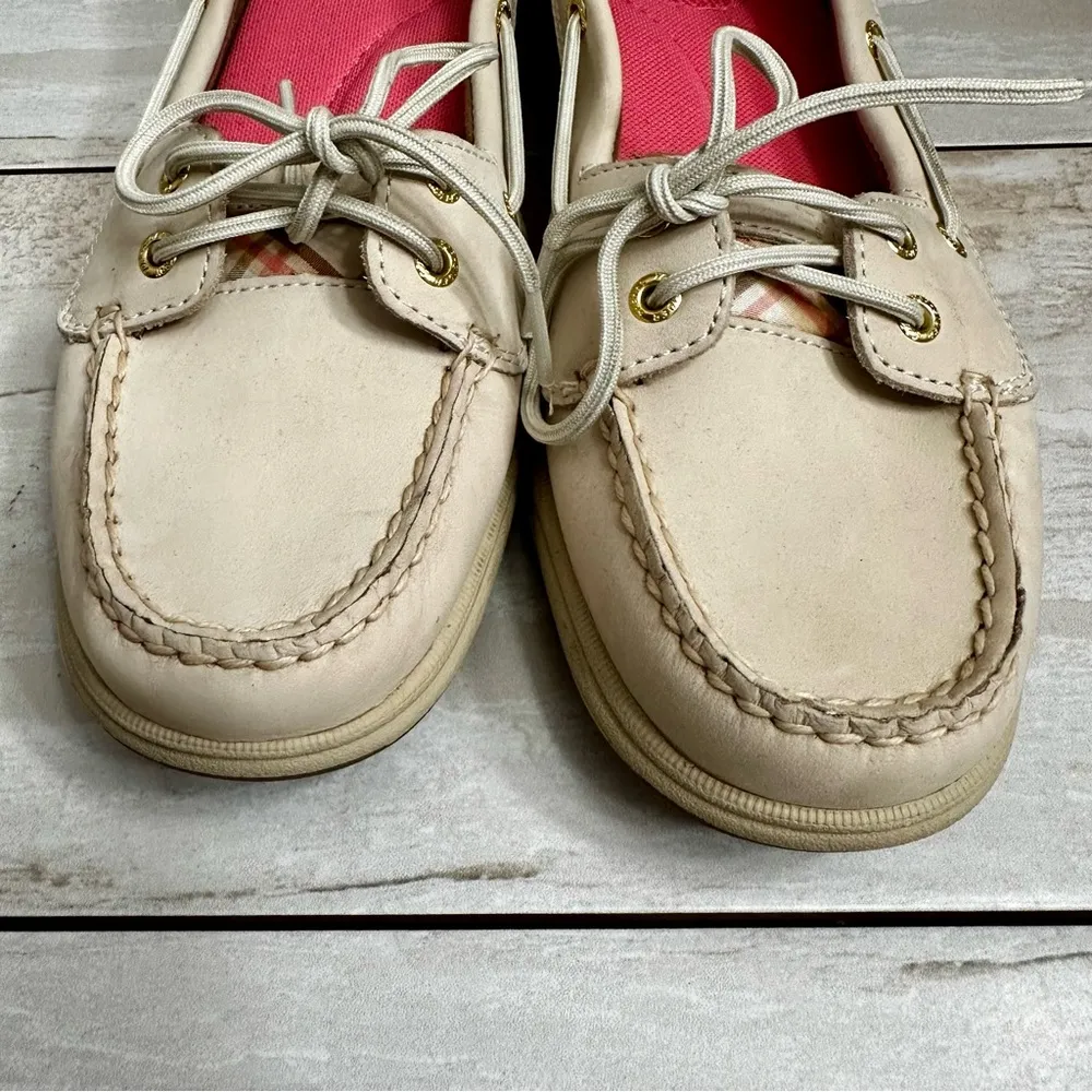 Sperry Women Sz 10 Leather Top Sider Boat Slip On Shoes Pink Plaid Accent Y2K - Image 6