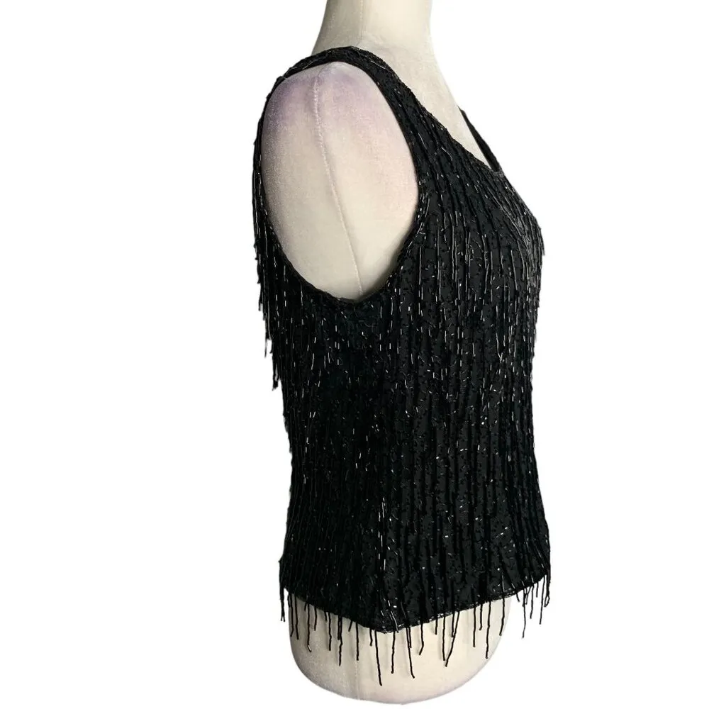Vintage 90s Silk Beaded Tank Top L Black Lined Full Zip Back Evening Flapper Size L - Image 5