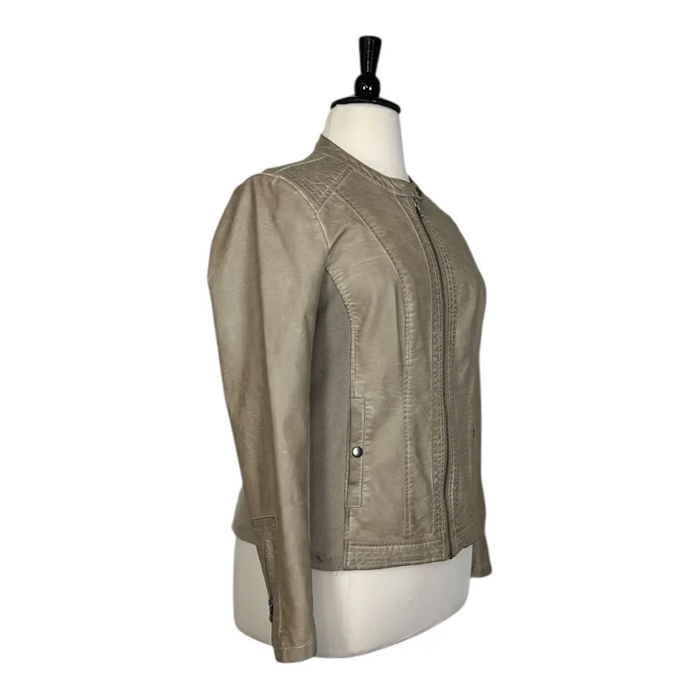 Sebby Faux Leather Jacket Moto Collarless Zipper Knit Taupe Tan Women’s Size XXL - Image 2