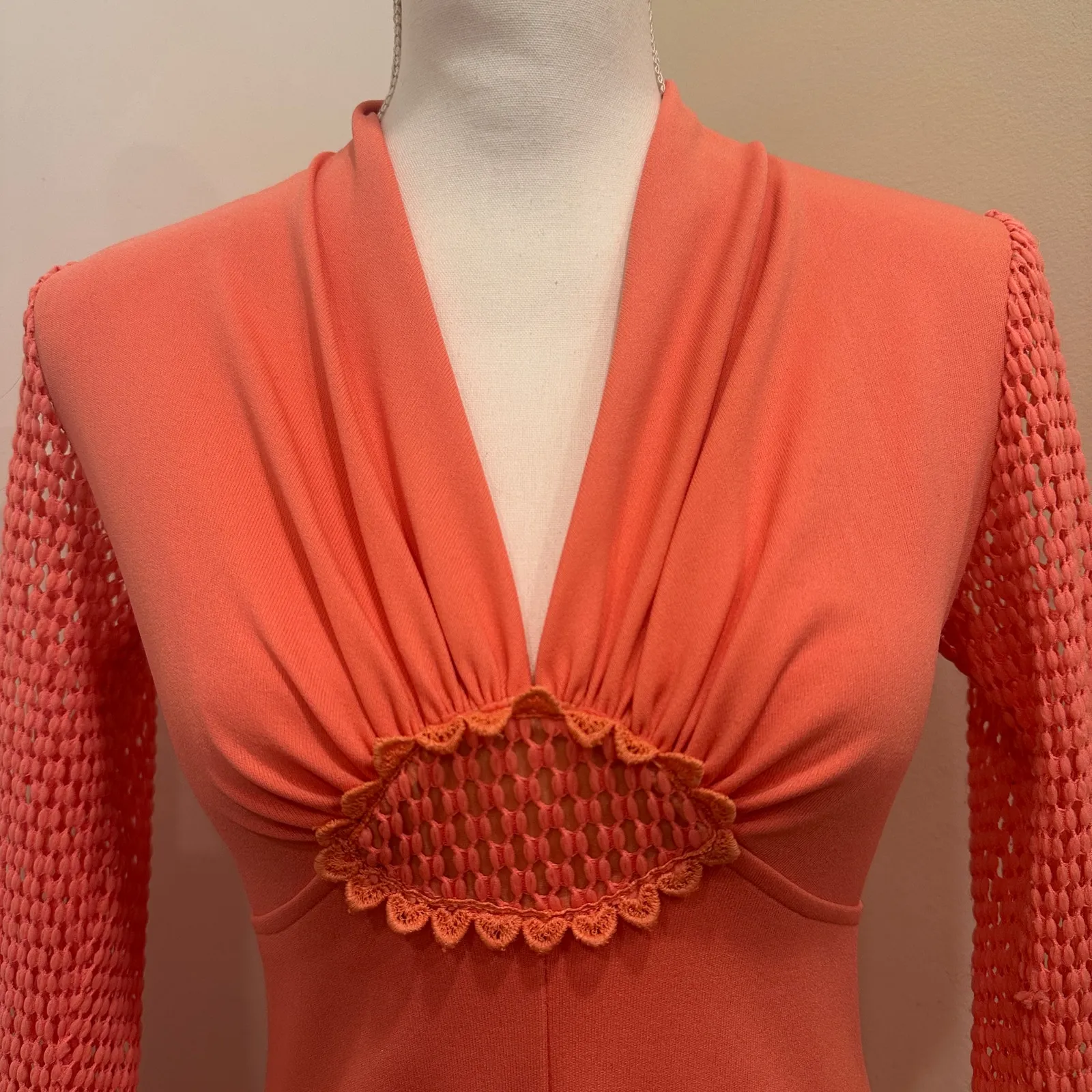 VTG 70s Coral Long Crochet Sleeve Maxi Dress Victorian Edwardian Revival Size XS - Image 5