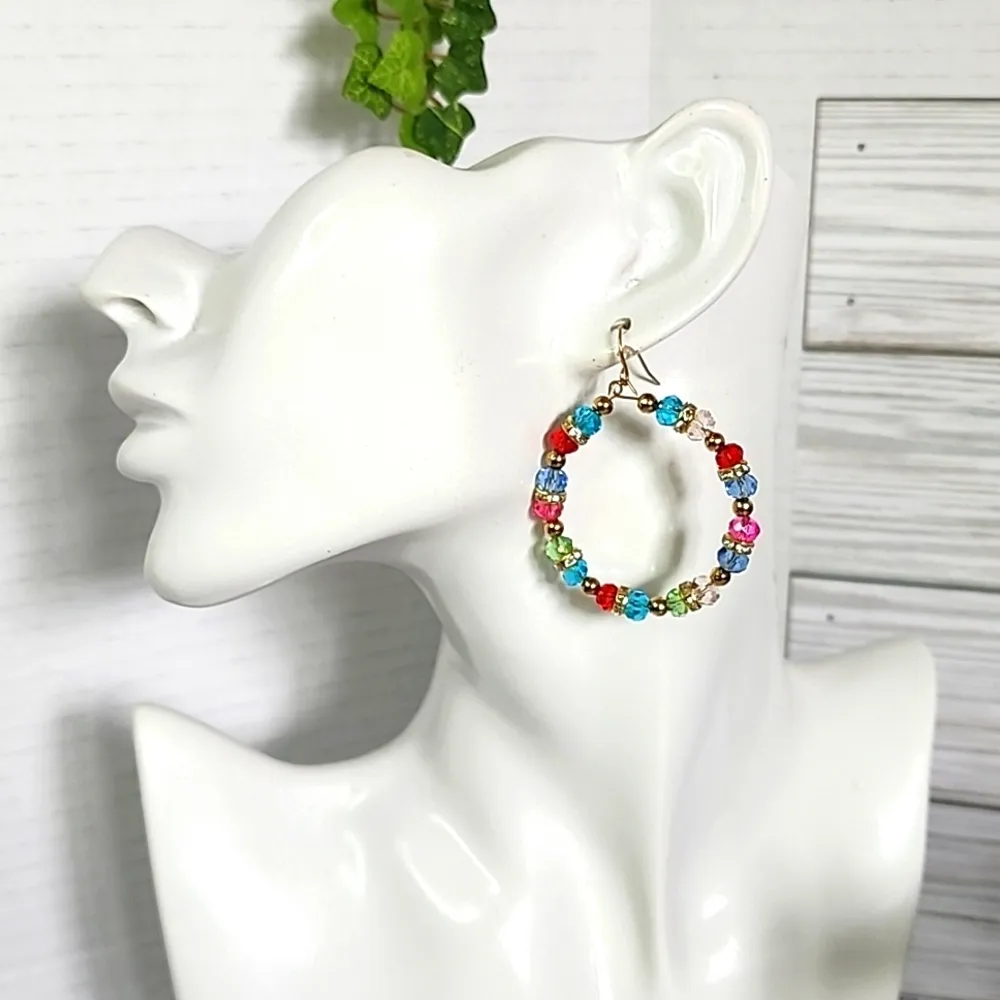 Multi Color Cut Crystal Faceted Rondelle Hoop Earrings New Red - Image 4