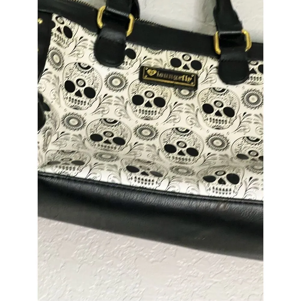 LOUNGEFLY BLACK AND WHITE SUGAR SKULLS DUFFLE CROSSBODY BAG - Image 3