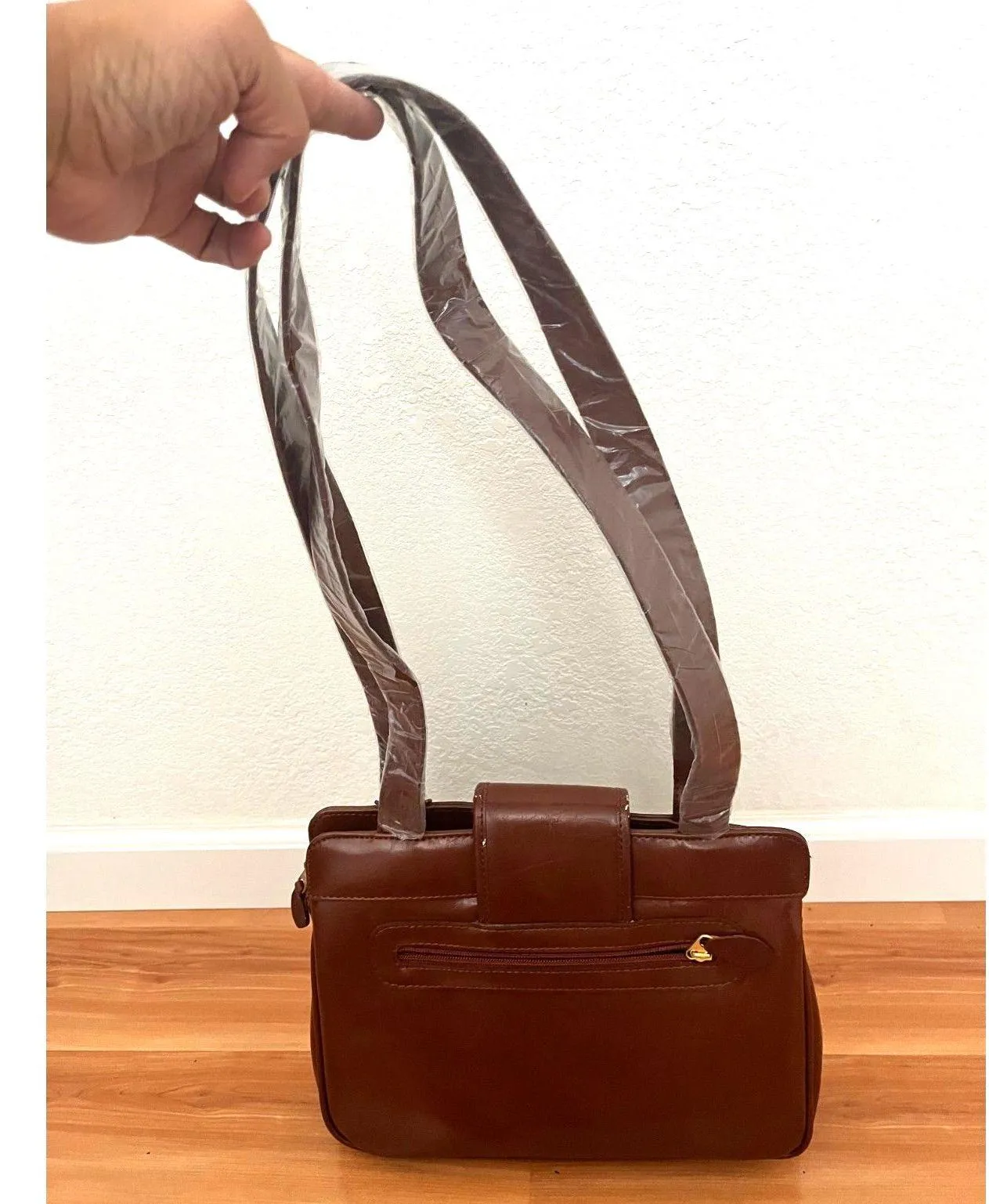 Vintage 80s Cognac Faux Leather Purse Shoulder Bag detachable double strap Brown - Image 2