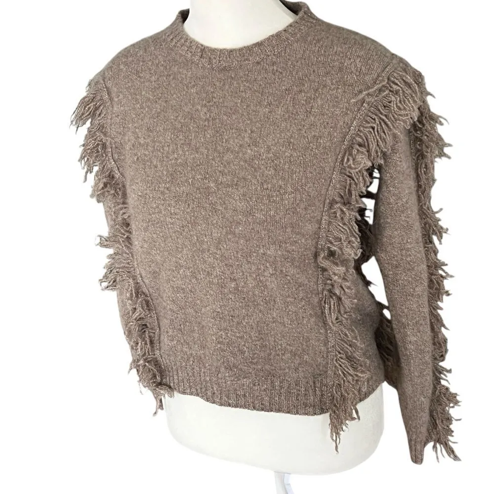 AQUA 100% 2-Ply Cashmere Fringe Crew Neck Sweater Size XS Taupe - Image 4