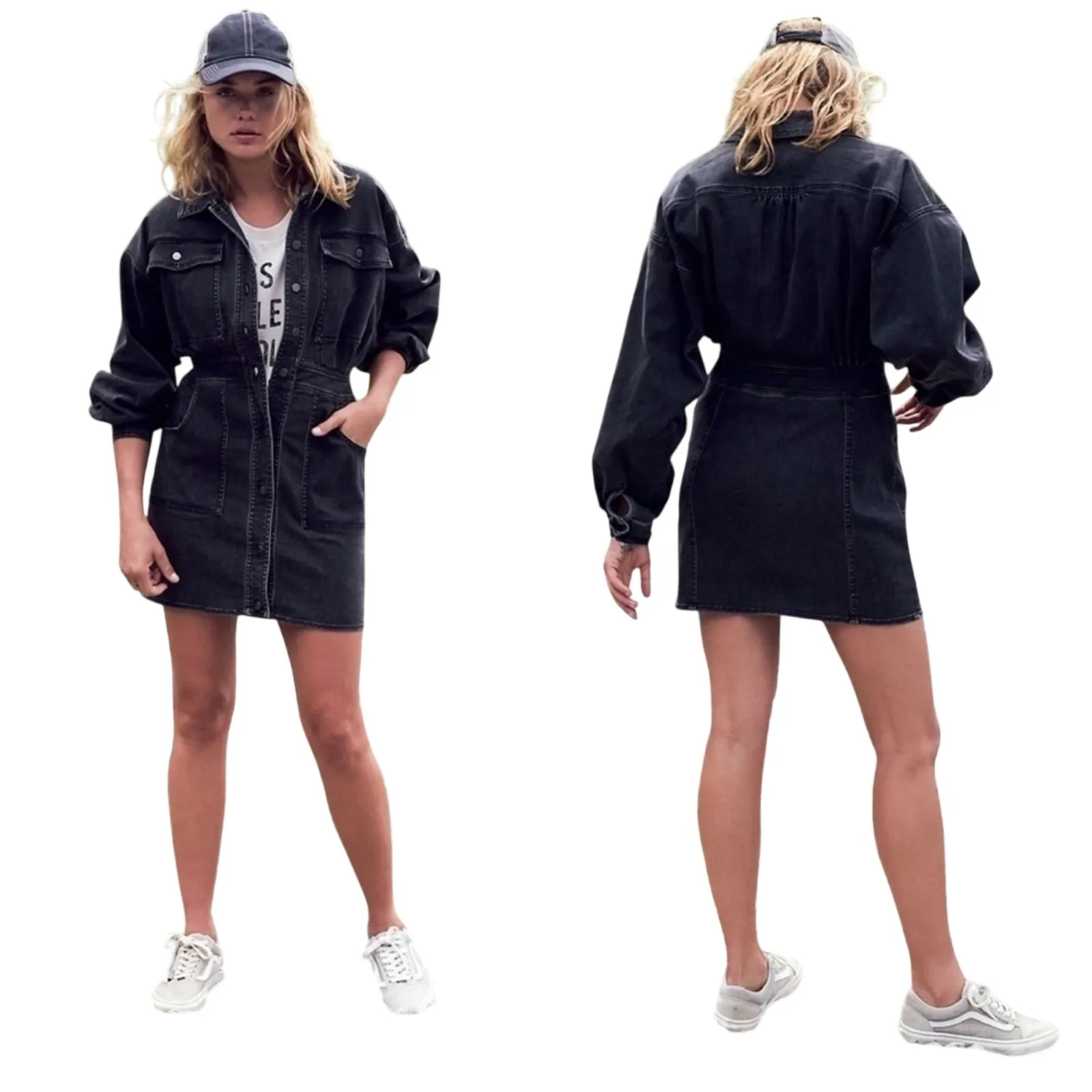 Free People 90s Black Denim Mini Dress M Vintage Western Boho Dolman Sleeve - Image 2