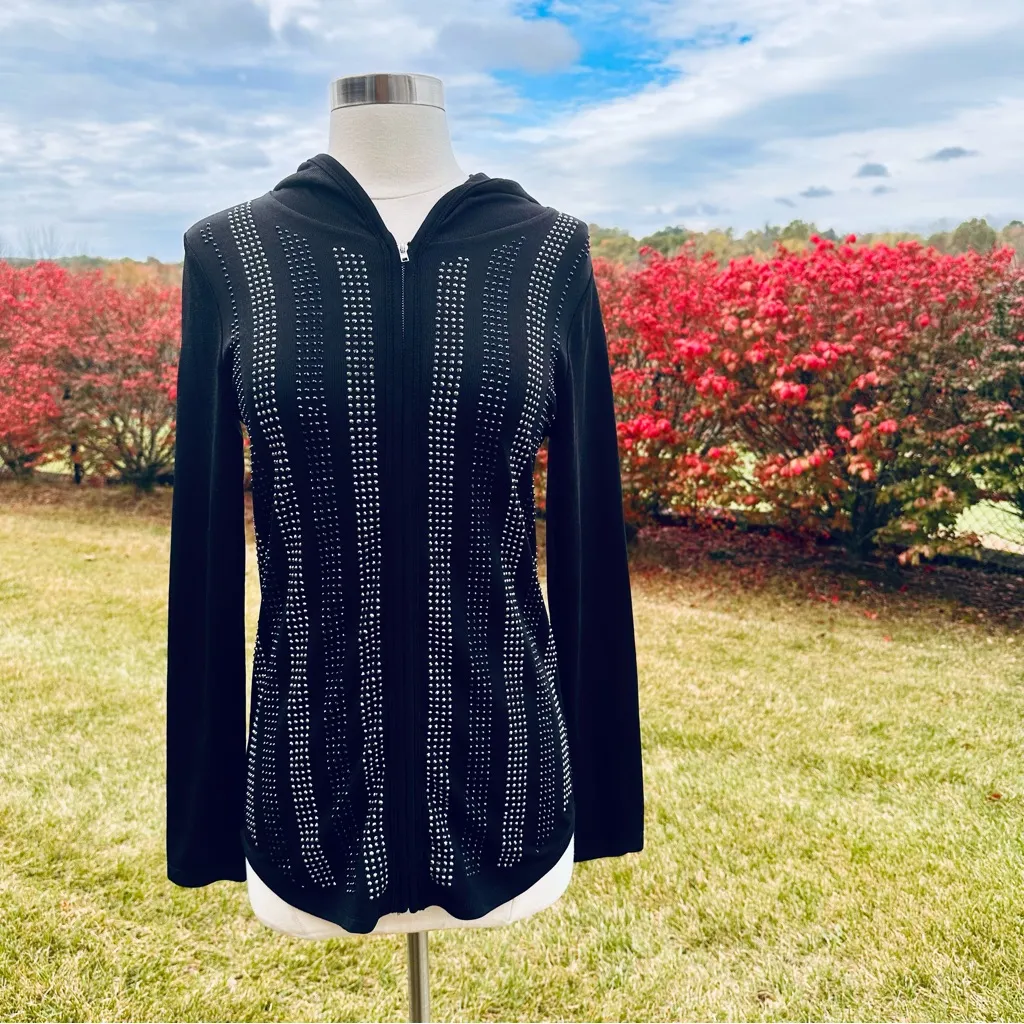 VOCAL Black Knit Hoodie Black & Gunmetal Tone Rhinestones - Image 3