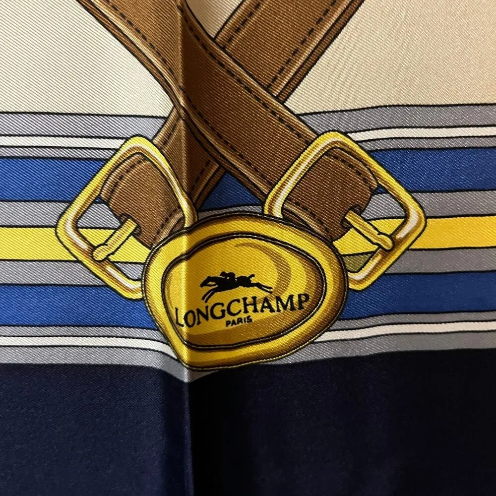 Longchamp Square Silk Scarf Ribbon Design Navy Border 90x90 cm 35x35 inches - Image 3