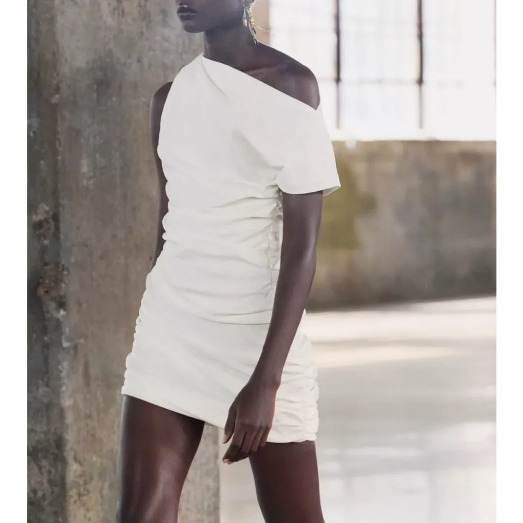Zara NWT white mini dress asymmetrical draped off shoulder ruched dress - Image 3