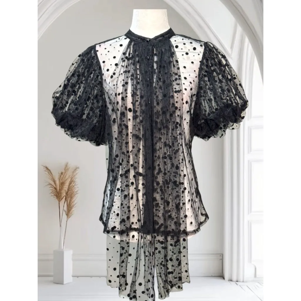 NEW Polka Dot Sheer Black Puff Sleeve Button-Up Blouse By Haute Monde Size S - Image 2