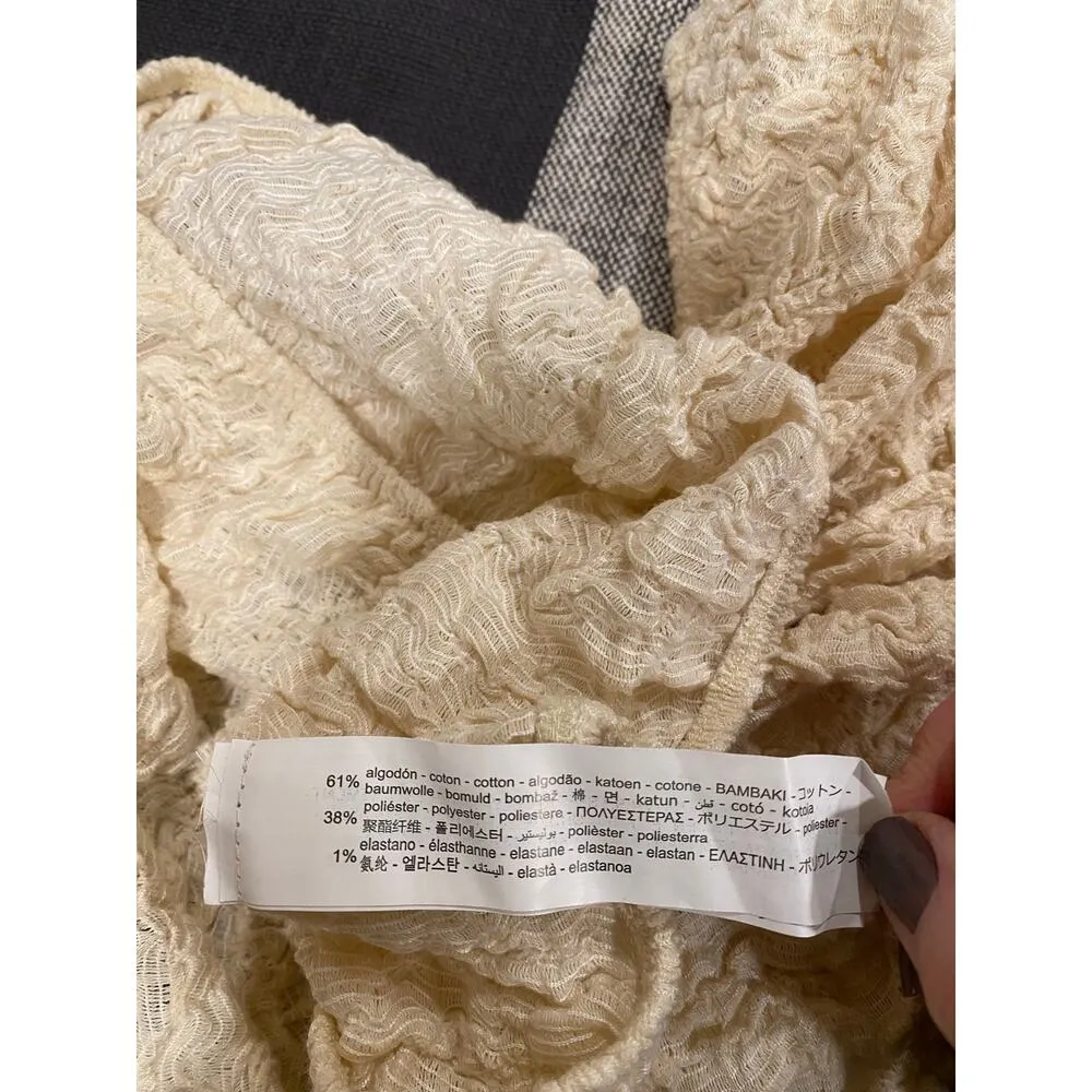 ZARA Women’s M Puff Sleeve Crop Top Cream Off-Shoulder Textured Cotton Blend - Image 4