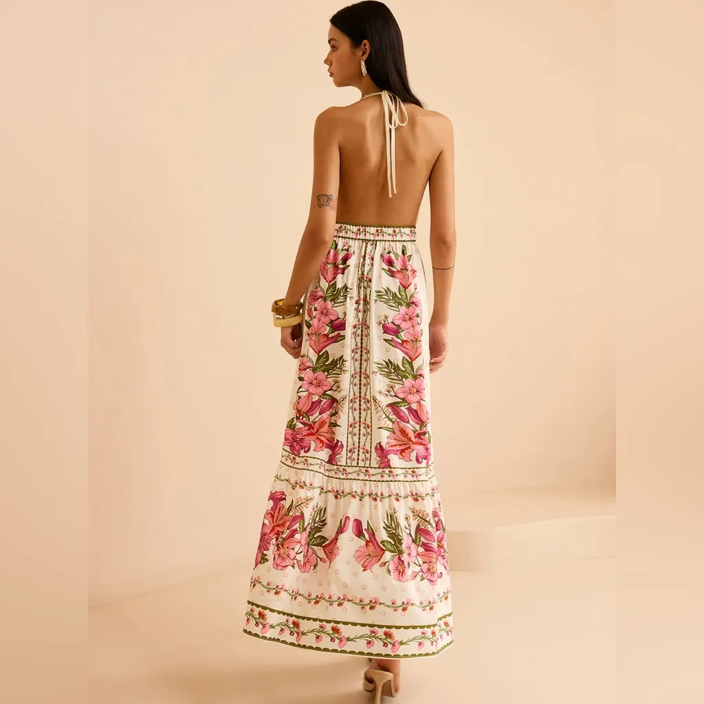 Commense Floral Print Halter Backless Maxi Dress size XS Pink - Image 2