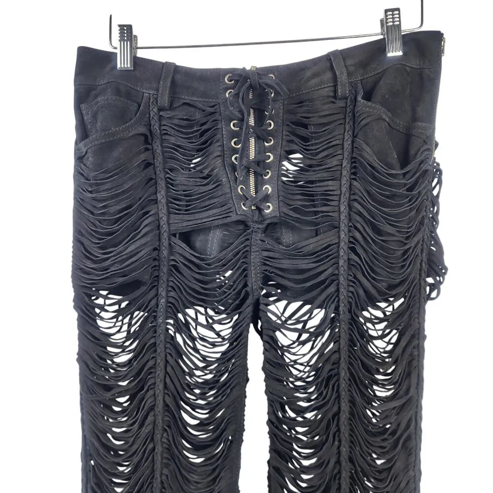 Retrofete Suede Pants Black Size Medium Pockets Sheer Fringe - Image 2
