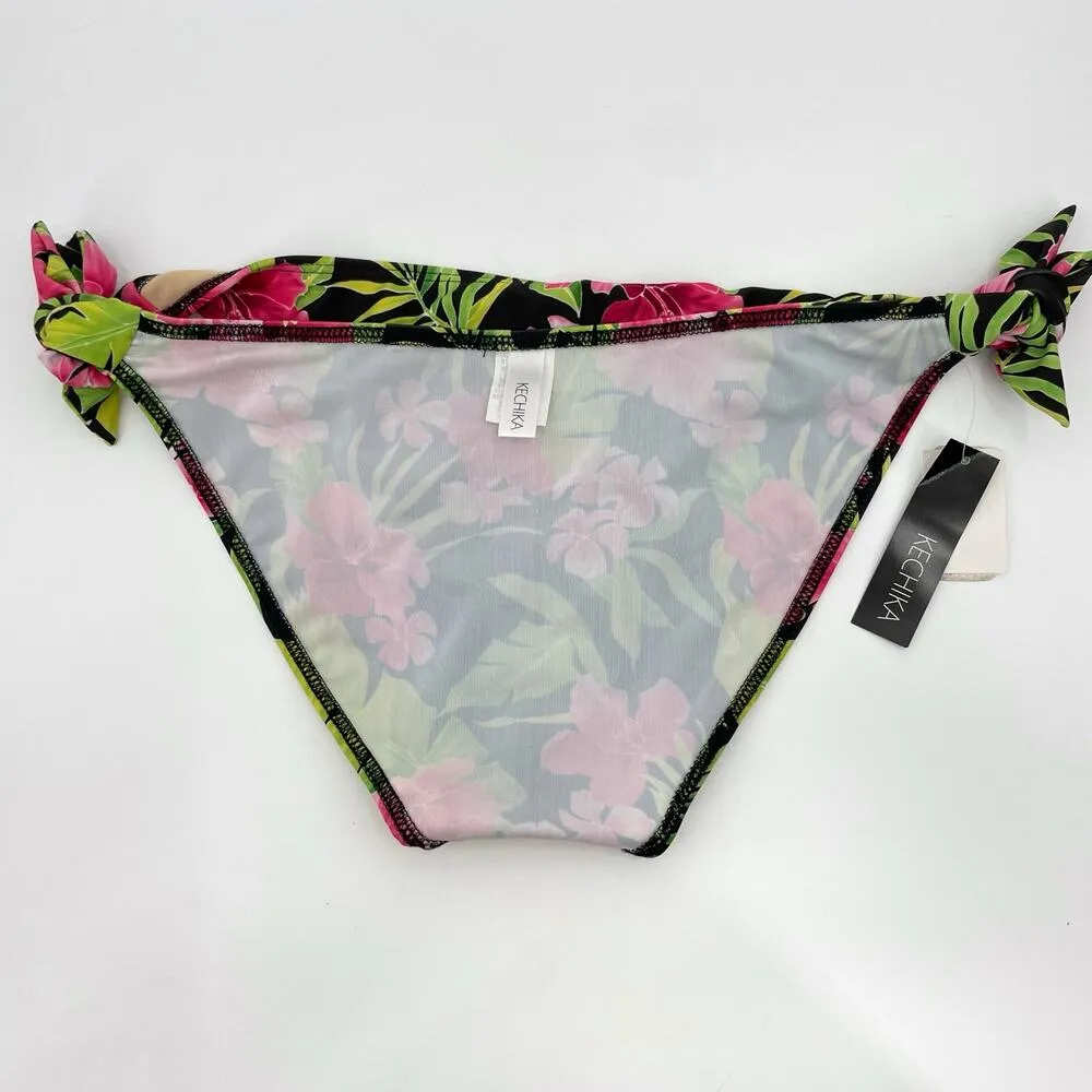 NEW Kechika Floral Bikini Bottoms Side Tie Black Hot Pink Hibiscus Green Size 12 - Image 3