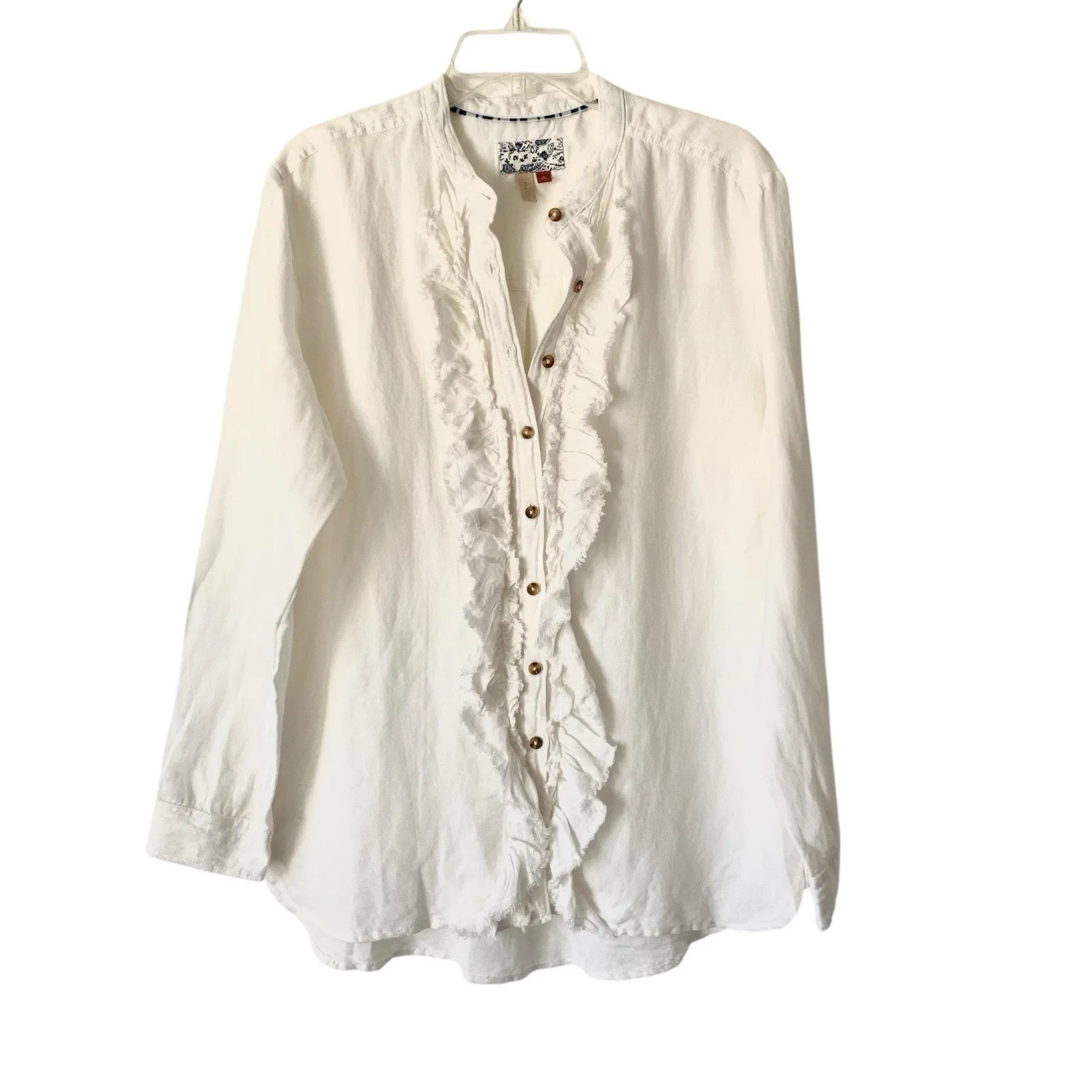 Pilcro Anthropologie White Linen Ruffled Placket Shirt Size Medium - Image 6