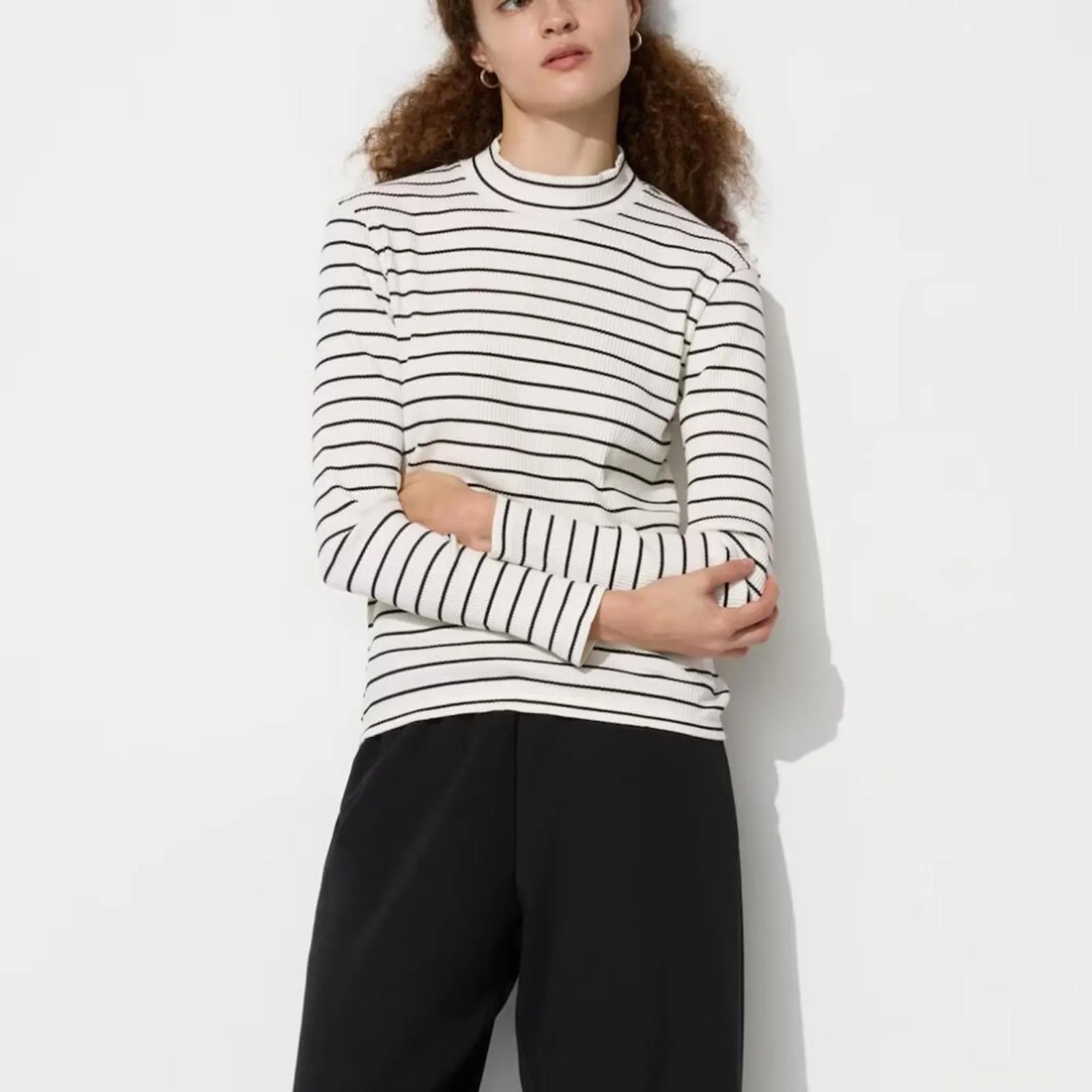 Uniqlo Ribbed High Neck T-Shirt Long Sleeve | Striped Off White Black NWT XS - Image 3