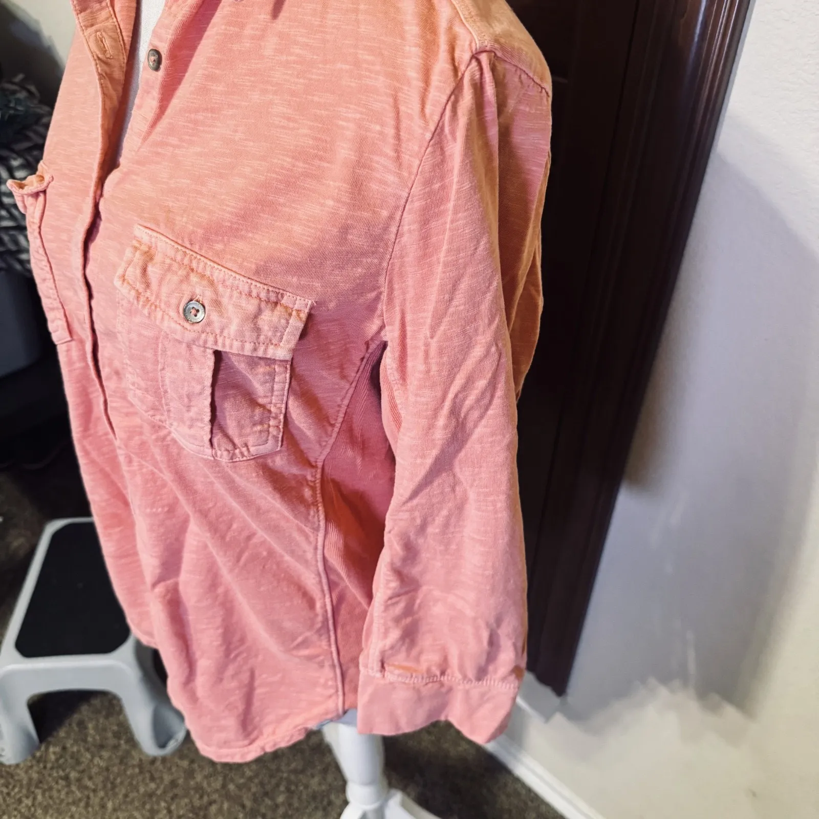 Eddie Bauer Peach Button up knit shirt Womens XL camp slub pockets travel - Image 3