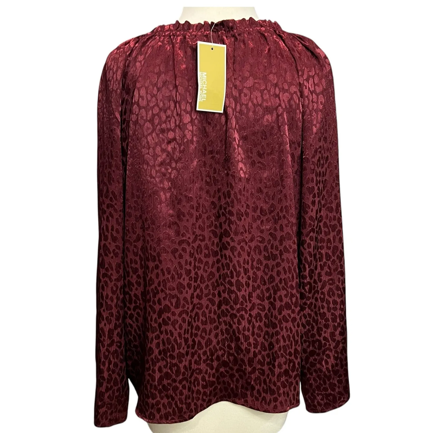 Michael Kors MMK Blouse Womens L Merlot Red Animal Print Jacquard Gold Chain Top - Image 4