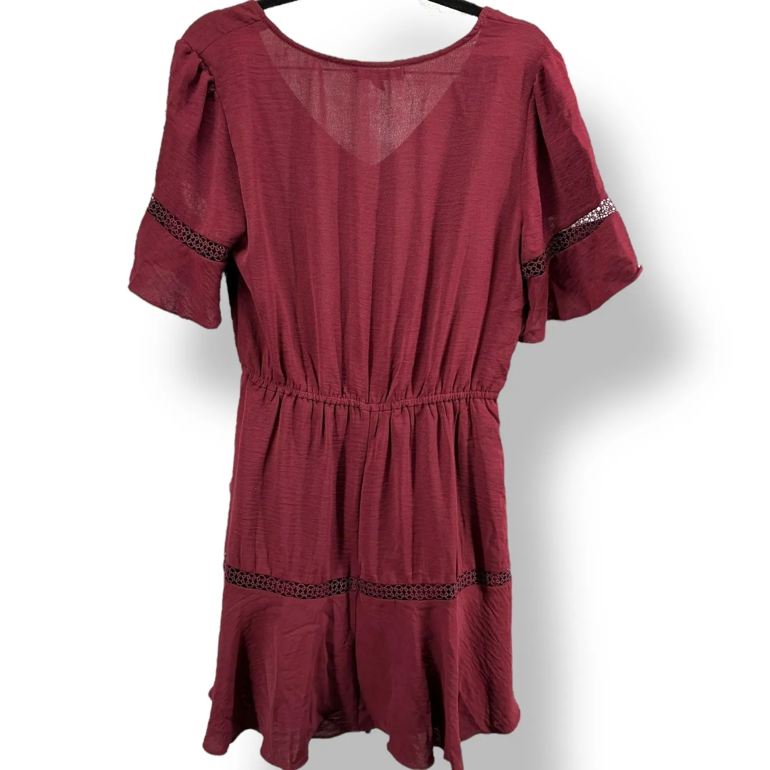 City Studio Wine Red V Neck Dress M Flutter Sleeve Lace Trim Fit & Flare Size M - Image 5