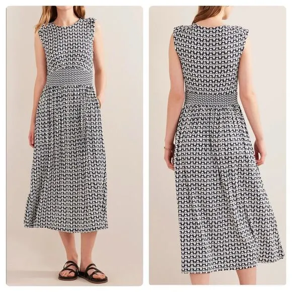 Boden Waist Detail Sleeveless Midi Dress In French Navy Tulip Pop Blue Size 6 - Image 2