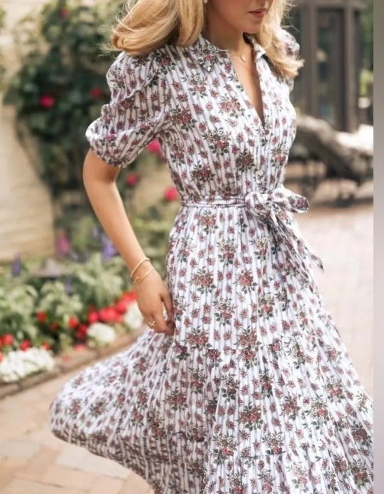 Veronica Beard Eunice Floral & Stripe Puff Sleeve Midi Dress | Size 0 - Image 3