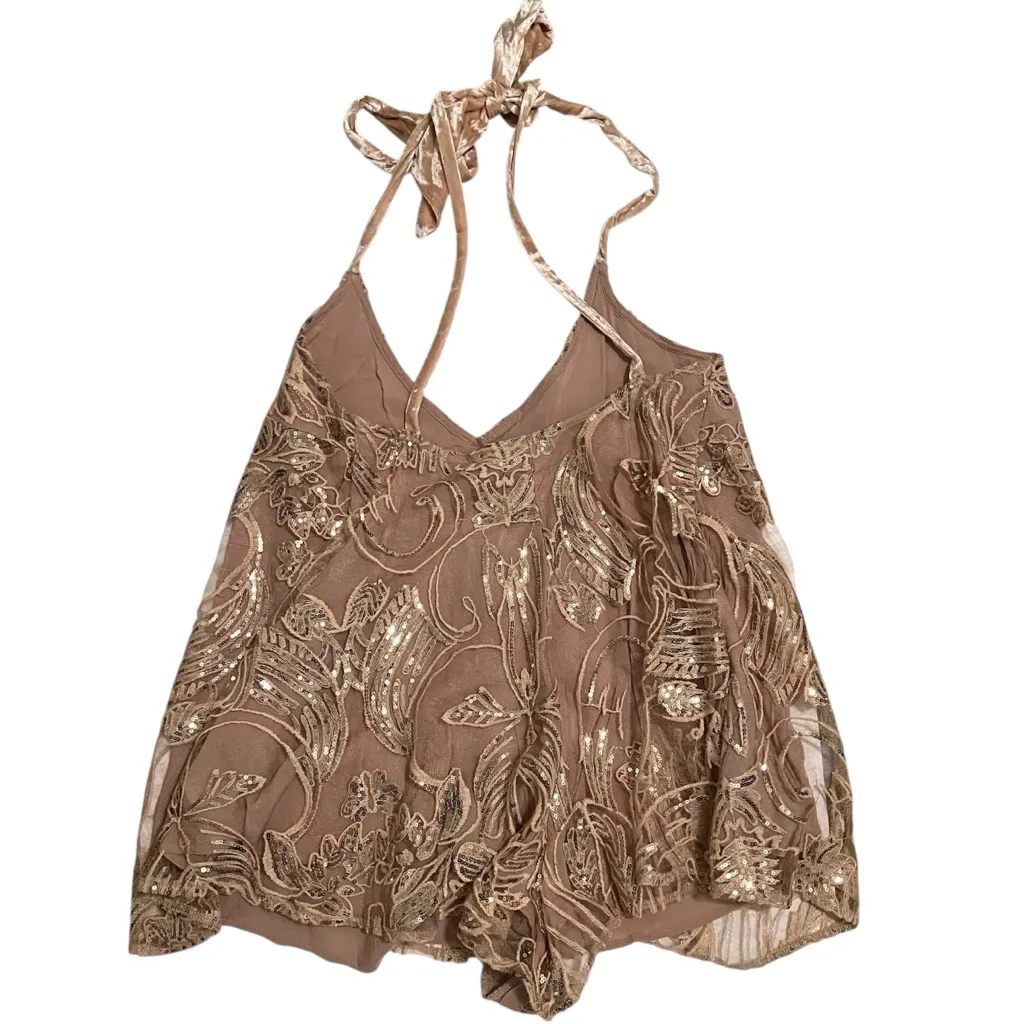 Free People Swingin’ It Champagne Sequin Velvet Backless Romper Playsuit XS - Image 2