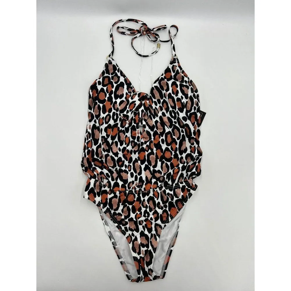 Bar III Leopard Print High‎ Cut Deep V Neck One Piece Swimsuit Black/Tan Size XS - Image 7