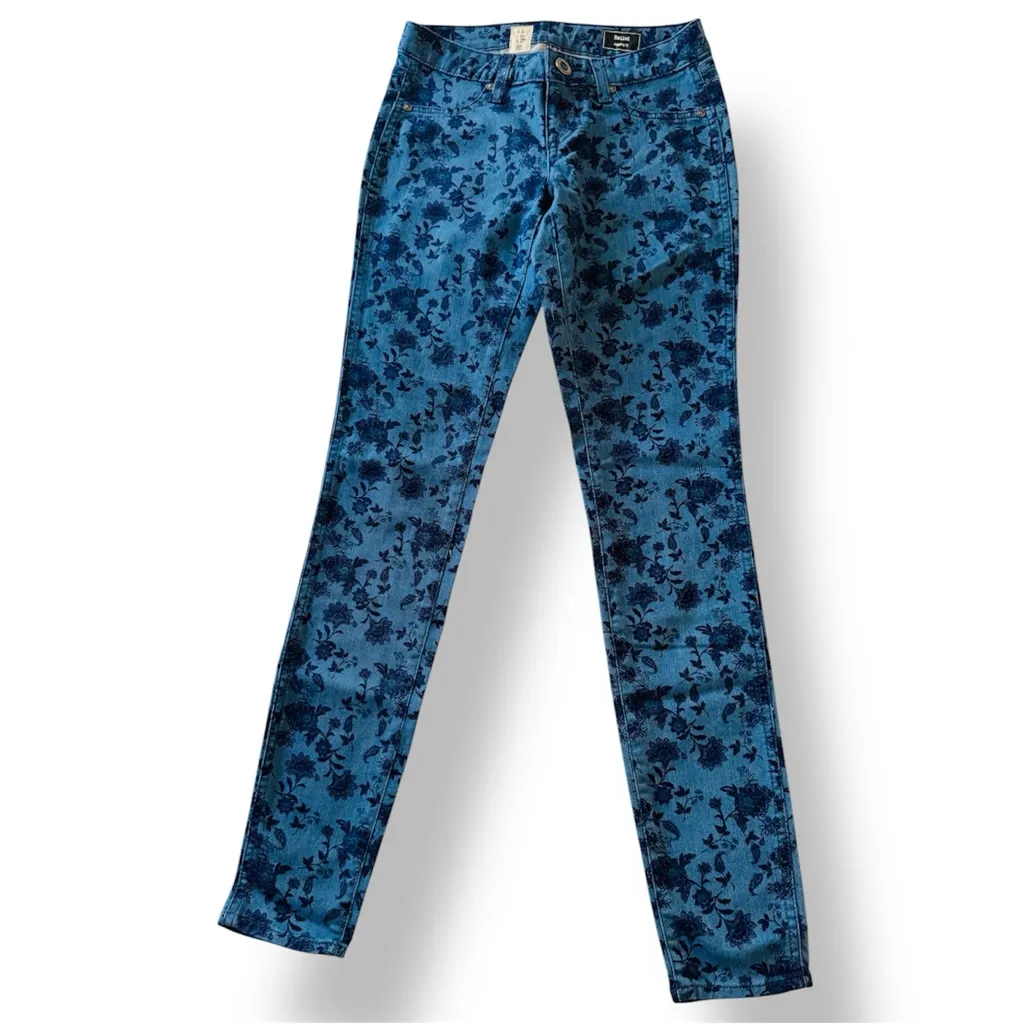 VOLCOM Railed Stretch Blue Floral Denim Legging Jeggings Skinny Jeans - Image 2
