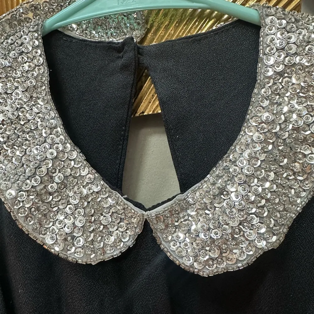 Vintage Jessica McClintock Gunne Sax Halter Dress 7/8 Silver Sequin Collar Slit - Image 4