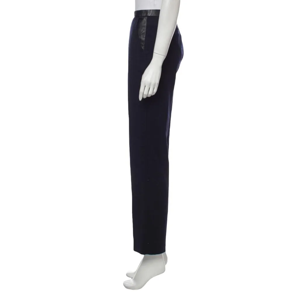 TORY BURCH Navy Blue Pants Straight Leg Leather Trim High Rise Office 12 NWOT - Image 3