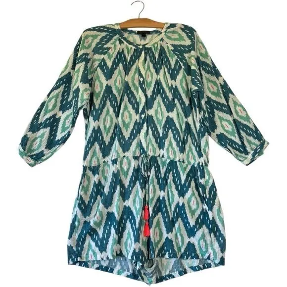 J Crew Ikat Print Long Sleeve Drawstring Waist Romper Blue White‎ Sz L Cotton - Image 2