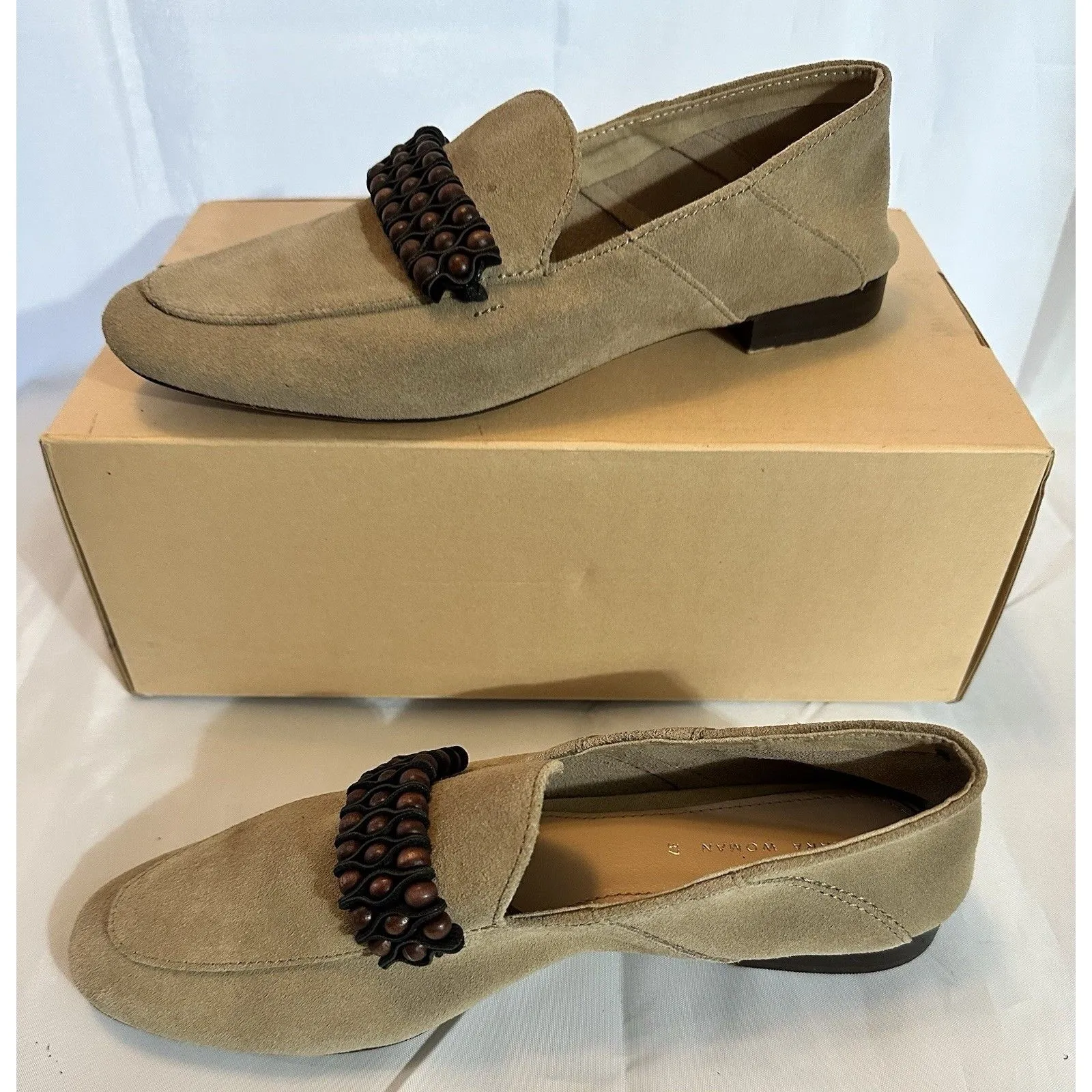 Zara Womens Tan Suede Leather Slip On Flats Shoes Beaded Accents Size 6.5 - Image 7