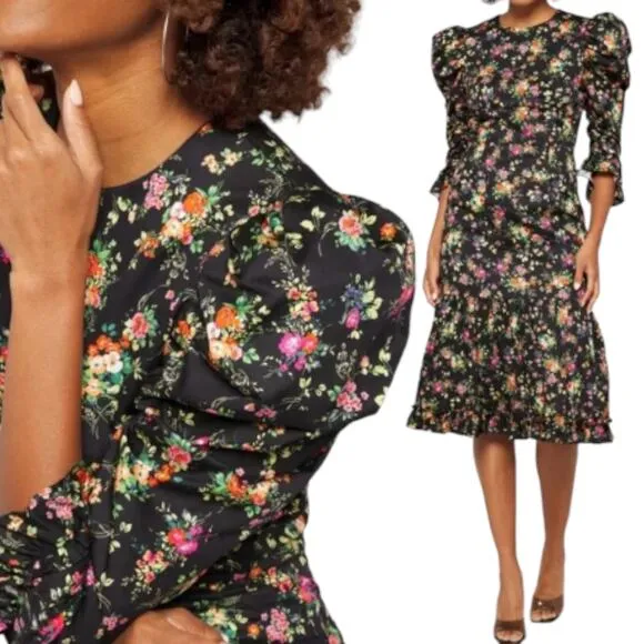 Black Halo NEW Nadir Puff Long Sleeve Floral Ruffle Dress Garden Glow Black 10 - Image 2