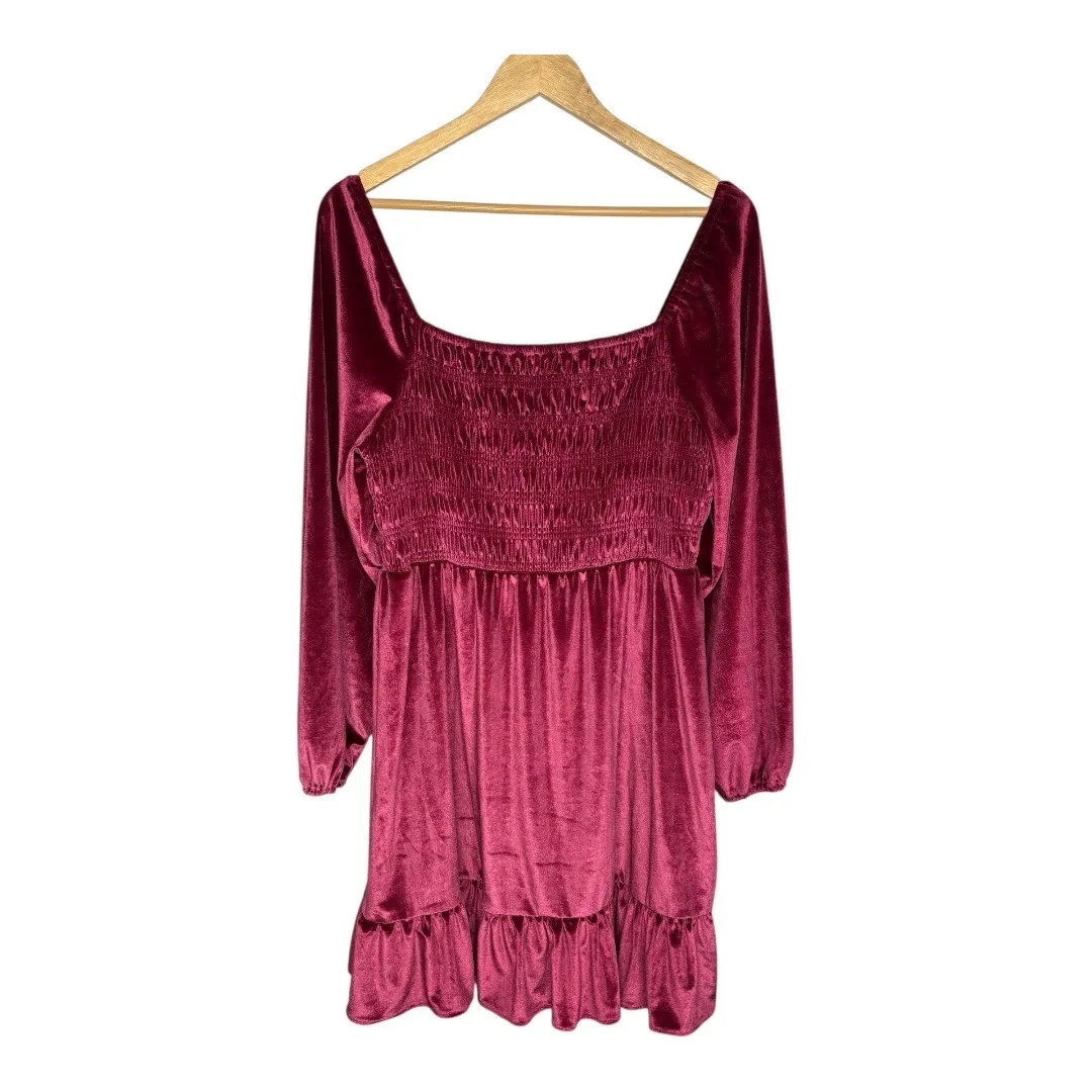 LC Lauren Conrad Dress Velvet Smocked Long Sleeve Ruffle Babydoll Size Large NWT - Image 2