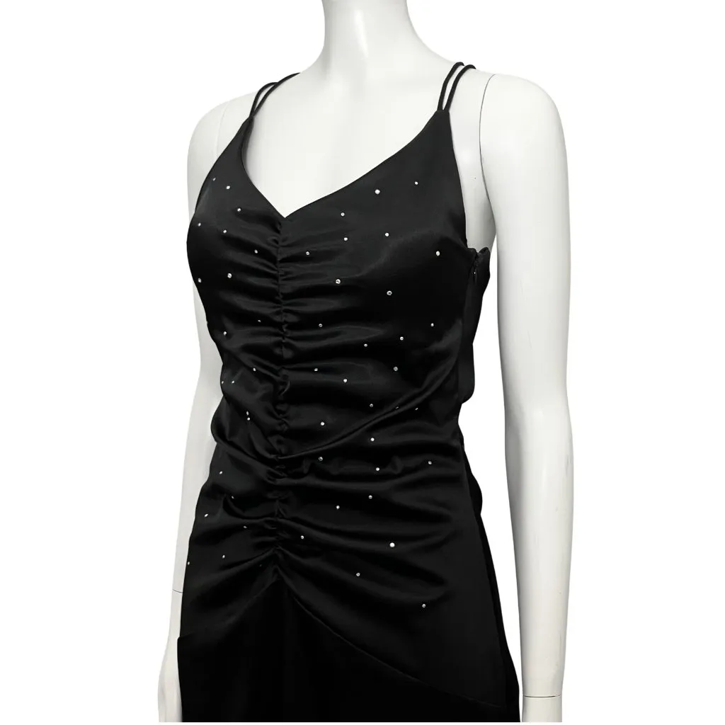 Vintage Y2K Black Trumpet Ruched Formal Long Dress Rhinestones XS/S Prom Glam - Image 11